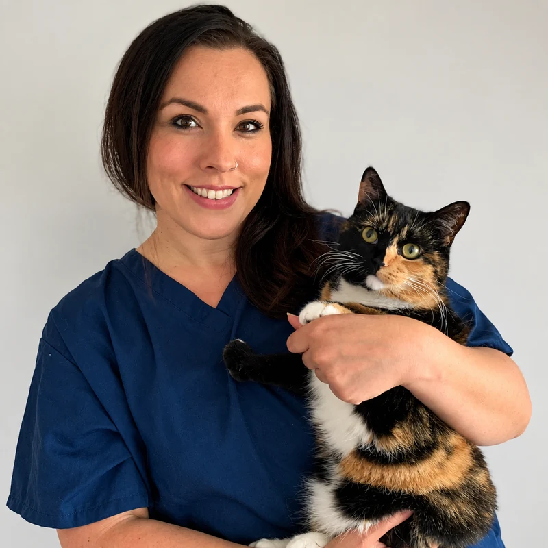 A woman in blue scrubs smiles whilst holding a calico cat against a plain white background, embodying the compassion and expertise of Dr Yasmin Amer, The Links Group Conference Speaker.