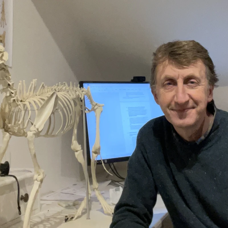A man sits at a desk with a dog skeleton model beside him. A computer monitor with text appears in the background, suggesting Dr Sean Taylor - Speaker from The Link Group is working in a home office or study room.